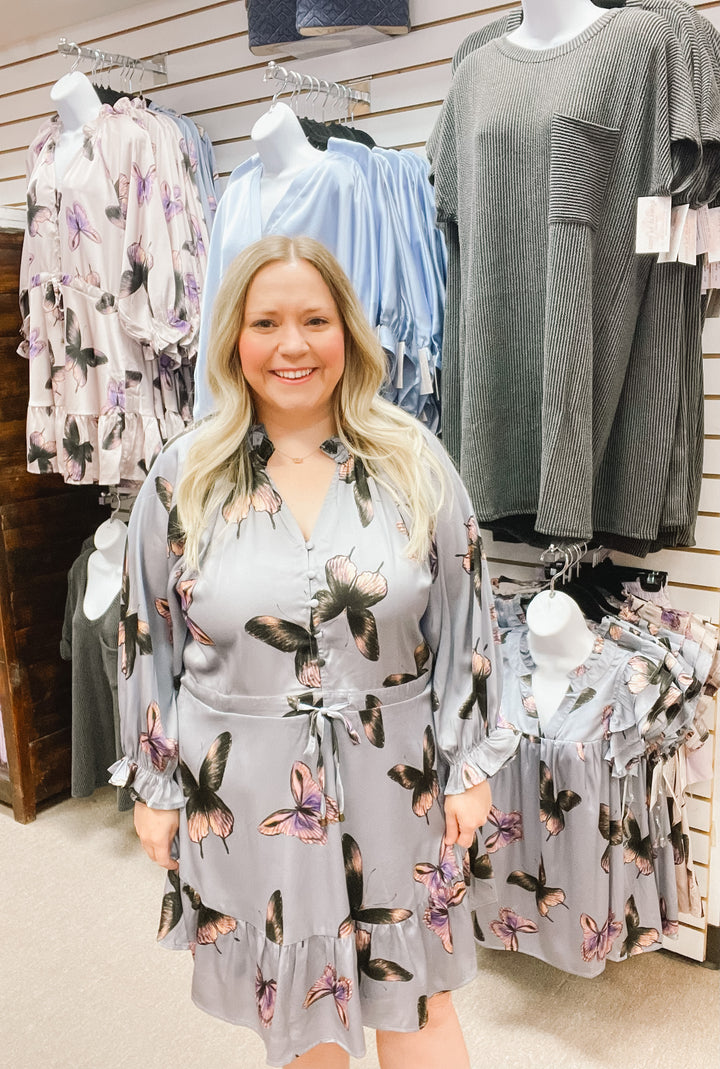 Butterfly Fly Away Half Button Dress with Butterfly Print in Dusty Blue - Giddy Up Glamour Boutique