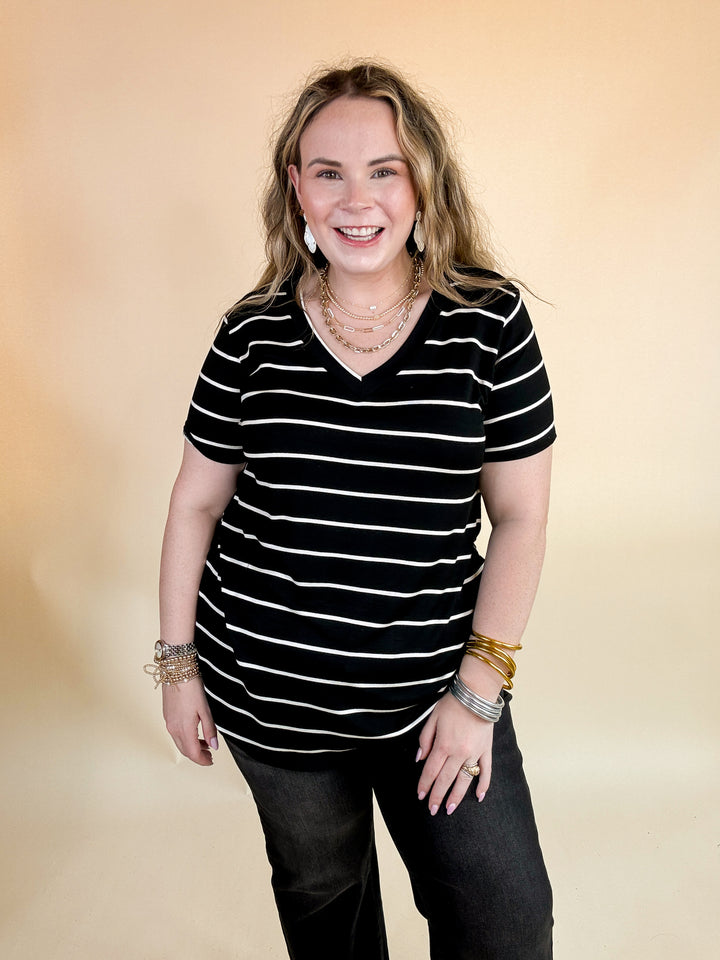 Keep Things Casual Striped V Neck Tee in Black