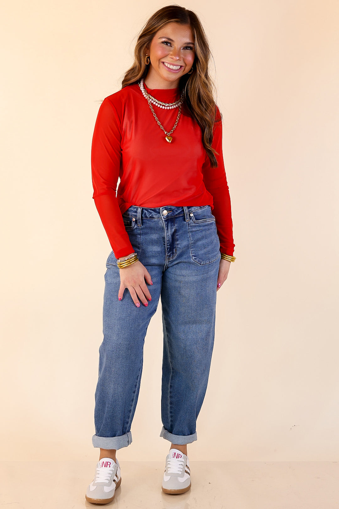 Sheer Confidence Solid Mesh Long Sleeve Top in Red