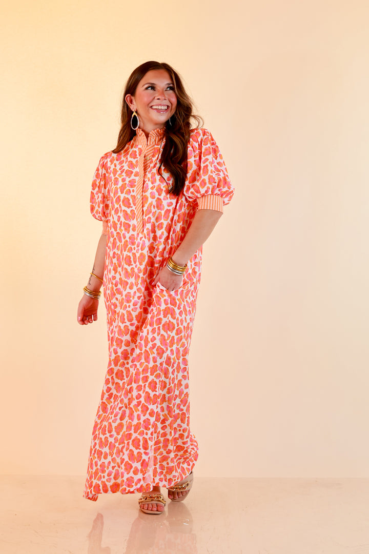 Feeling Extra Leopard Print Midi Dress with Stripe Contrast Collar and Puff Sleeves in Pink and Orange