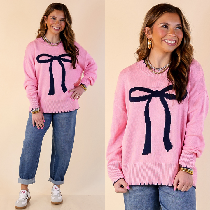 Simply Southern | Naturally Yours Knit Sweater with Navy Bow and Trim in Pink