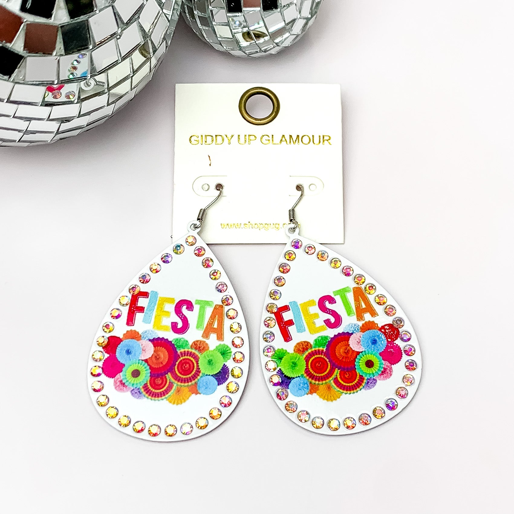 Fiesta Teardrop Earrings with AB Crystal Outline in White - Giddy Up Glamour Boutique