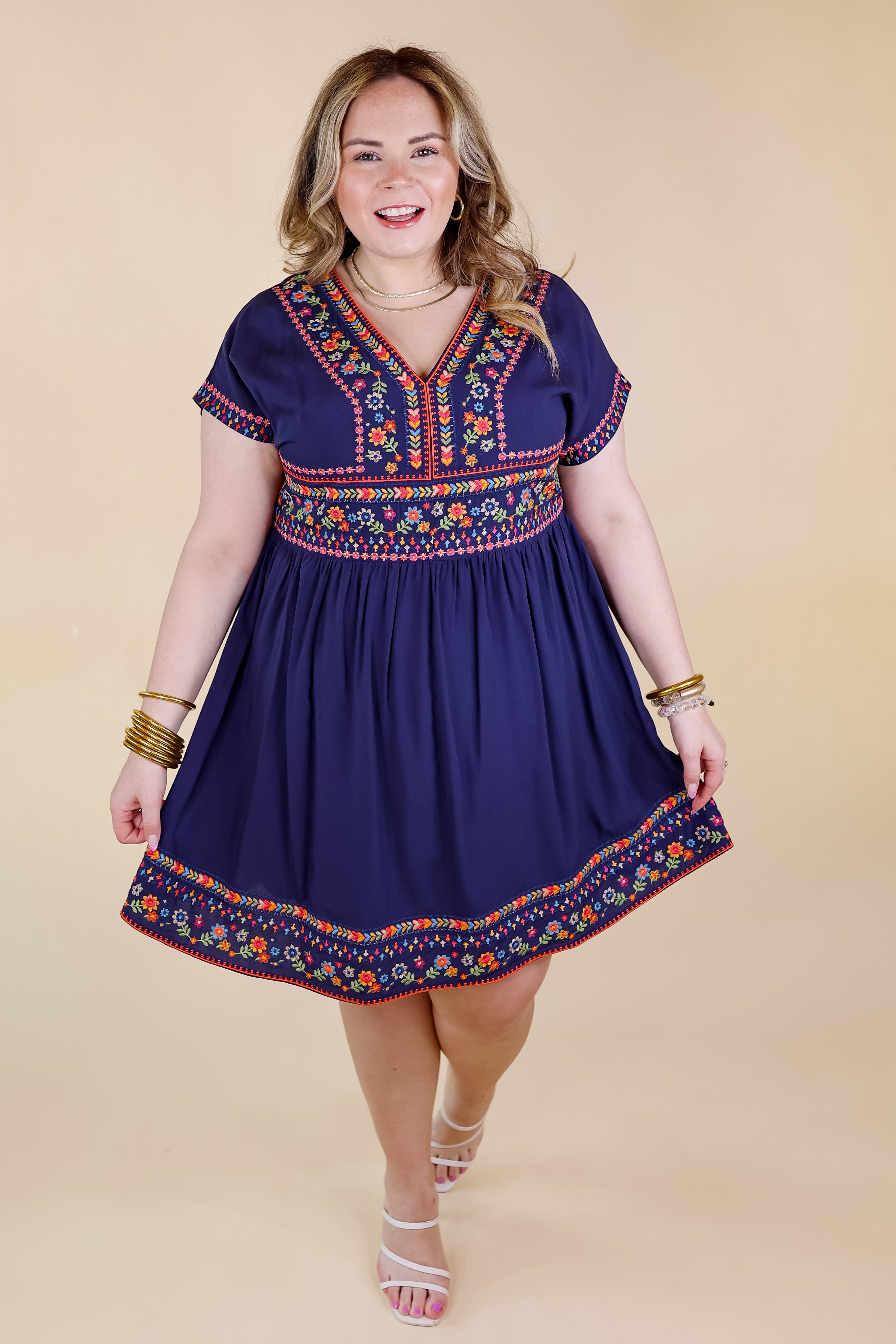 Passing Through V Neck Embroidered Dress with Short Sleeves in Navy Blue - Giddy Up Glamour Boutique