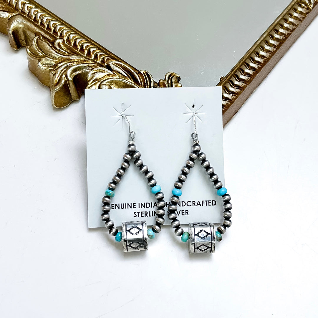 Native American sterling silver teardrop earrings with turquoise accents and Navajo pearls, handmade western drop earrings