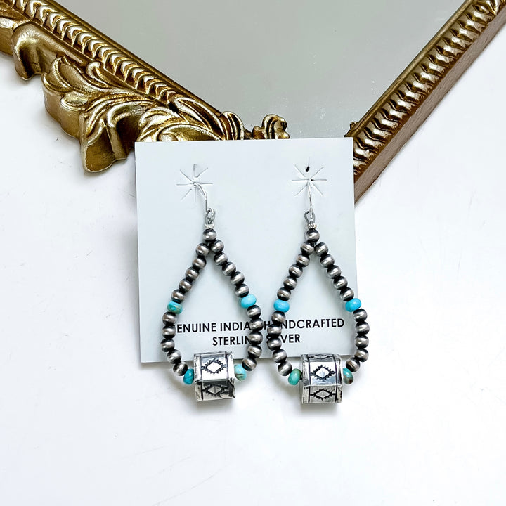 Native American sterling silver teardrop earrings with turquoise accents and Navajo pearls, handmade western drop earrings