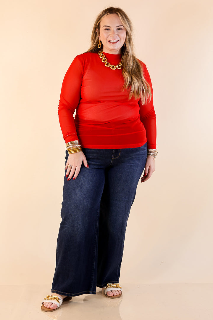 Sheer Confidence Solid Mesh Long Sleeve Top in Red