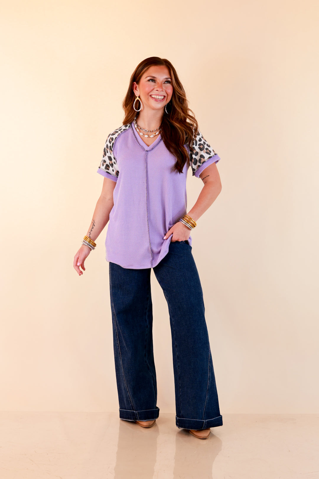 Easy Attraction Waffle Knit V Neck Top with Leopard Print Sleeves in Lavender Purple