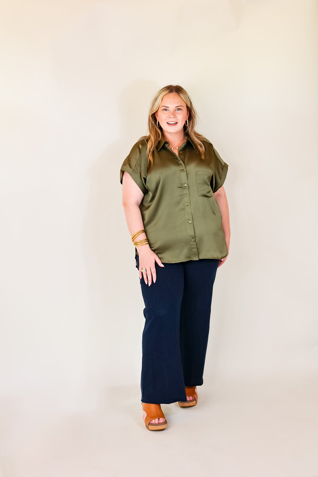 Free To Be Fab Button Up Short Sleeve Top in Olive Green - Giddy Up Glamour Boutique