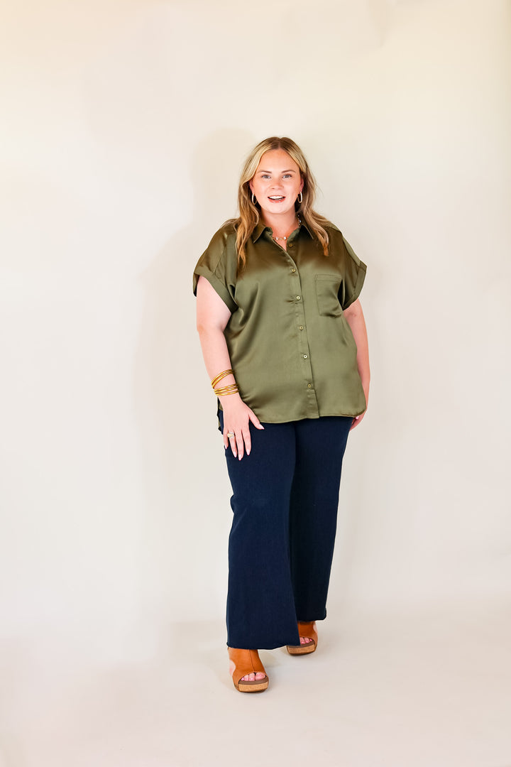 Free To Be Fab Button Up Short Sleeve Top in Olive Green - Giddy Up Glamour Boutique