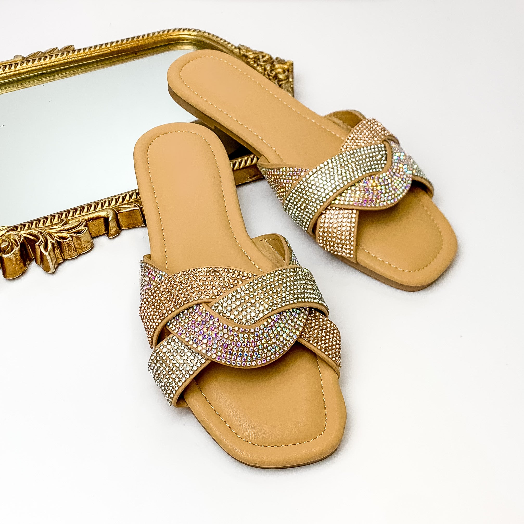 Sip of Champagne Crystal Slide On Sandals - Giddy Up Glamour Boutique