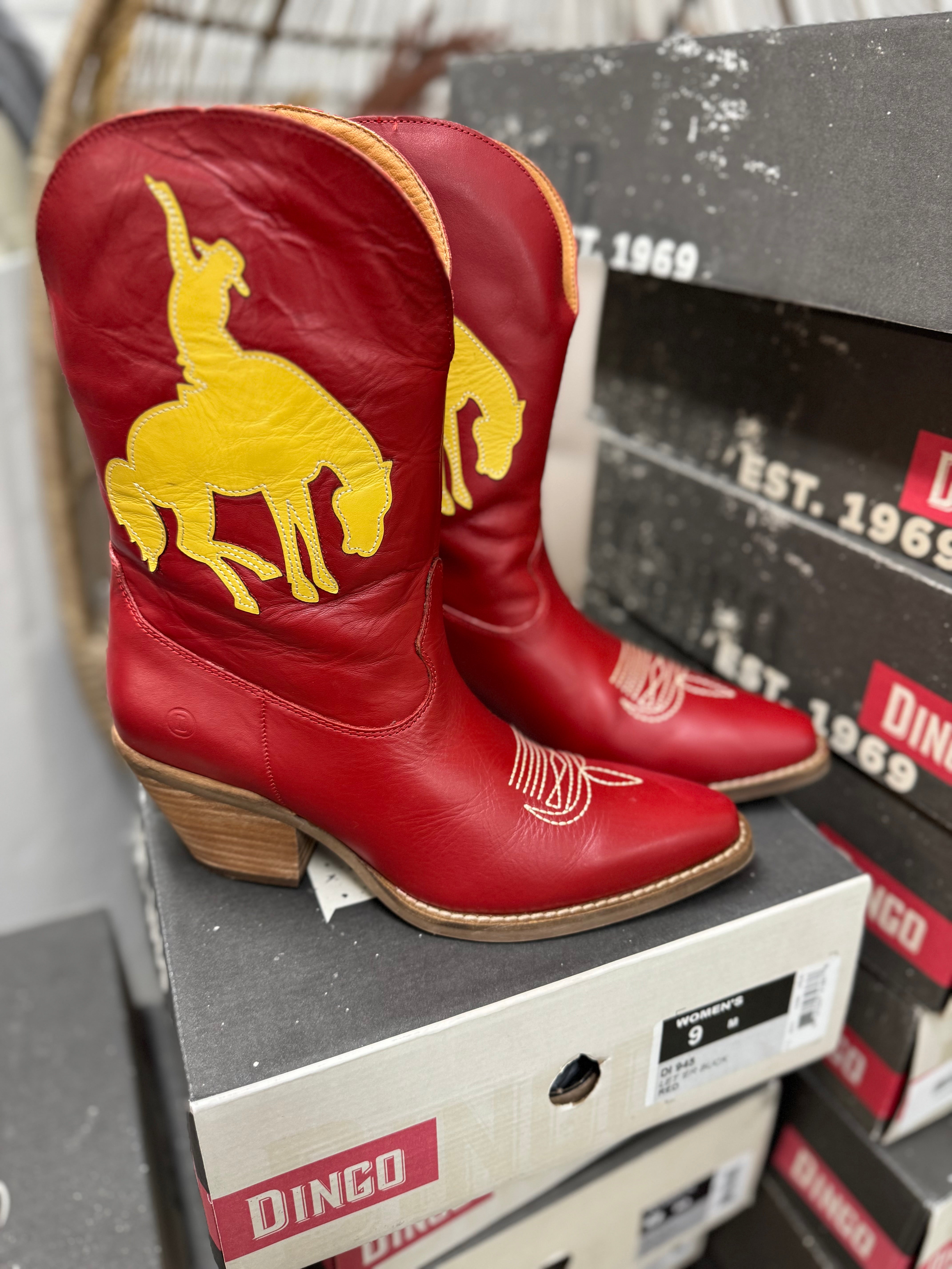 Model Shoes Size 9 | Dingo | Let 'Er Buck Leather Cowboy Boots in Red - FINAL SALE - Giddy Up Glamour Boutique