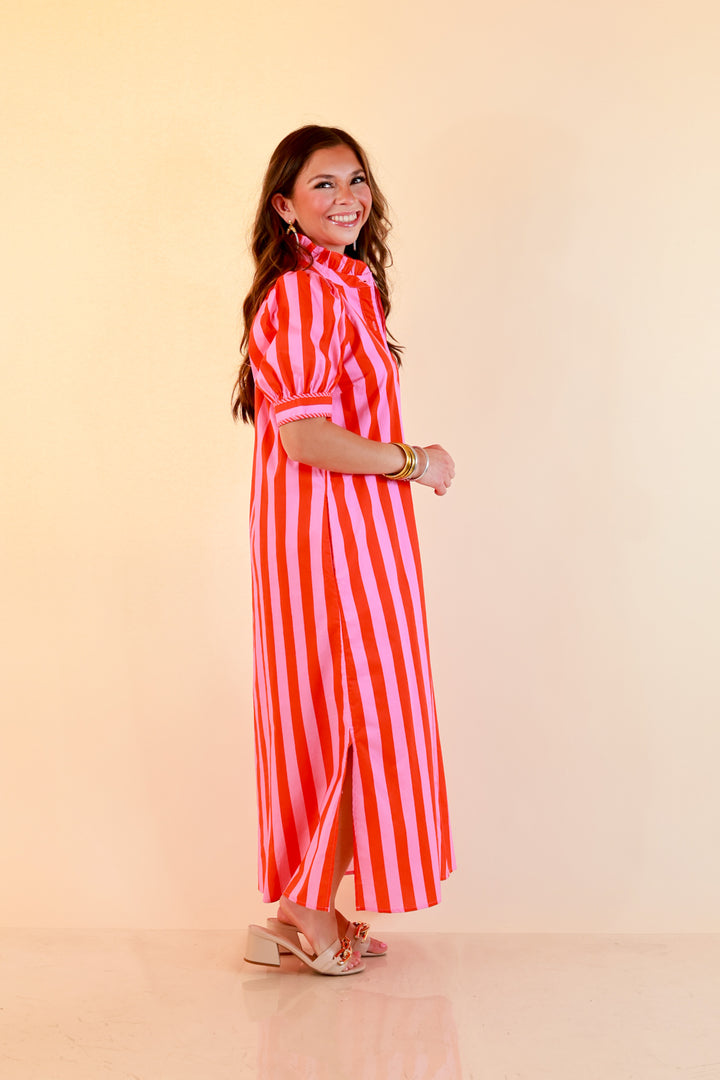 Strut and Shine Stripe Midi Dress with Button Front Detail and Puff Sleeves in Pink and Red
