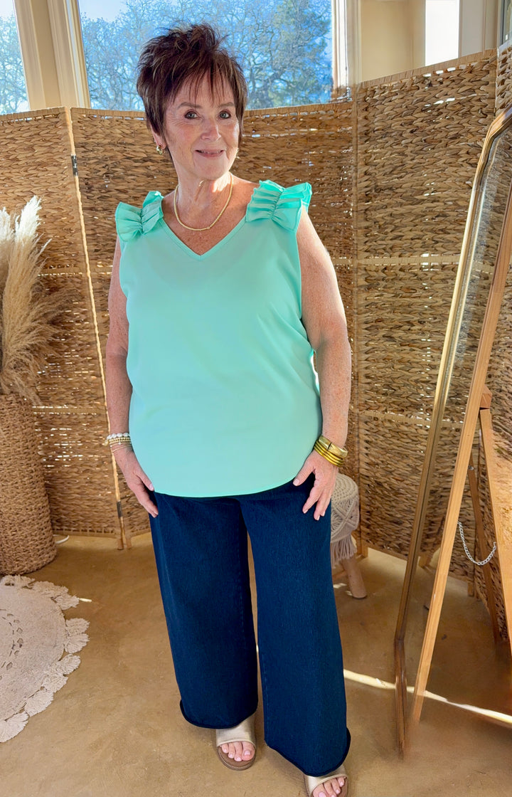 Ruffle Trim Sleeveless Top in Mint