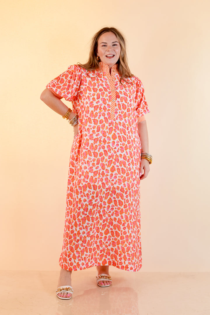 Feeling Extra Leopard Print Midi Dress with Stripe Contrast Collar and Puff Sleeves in Pink and Orange
