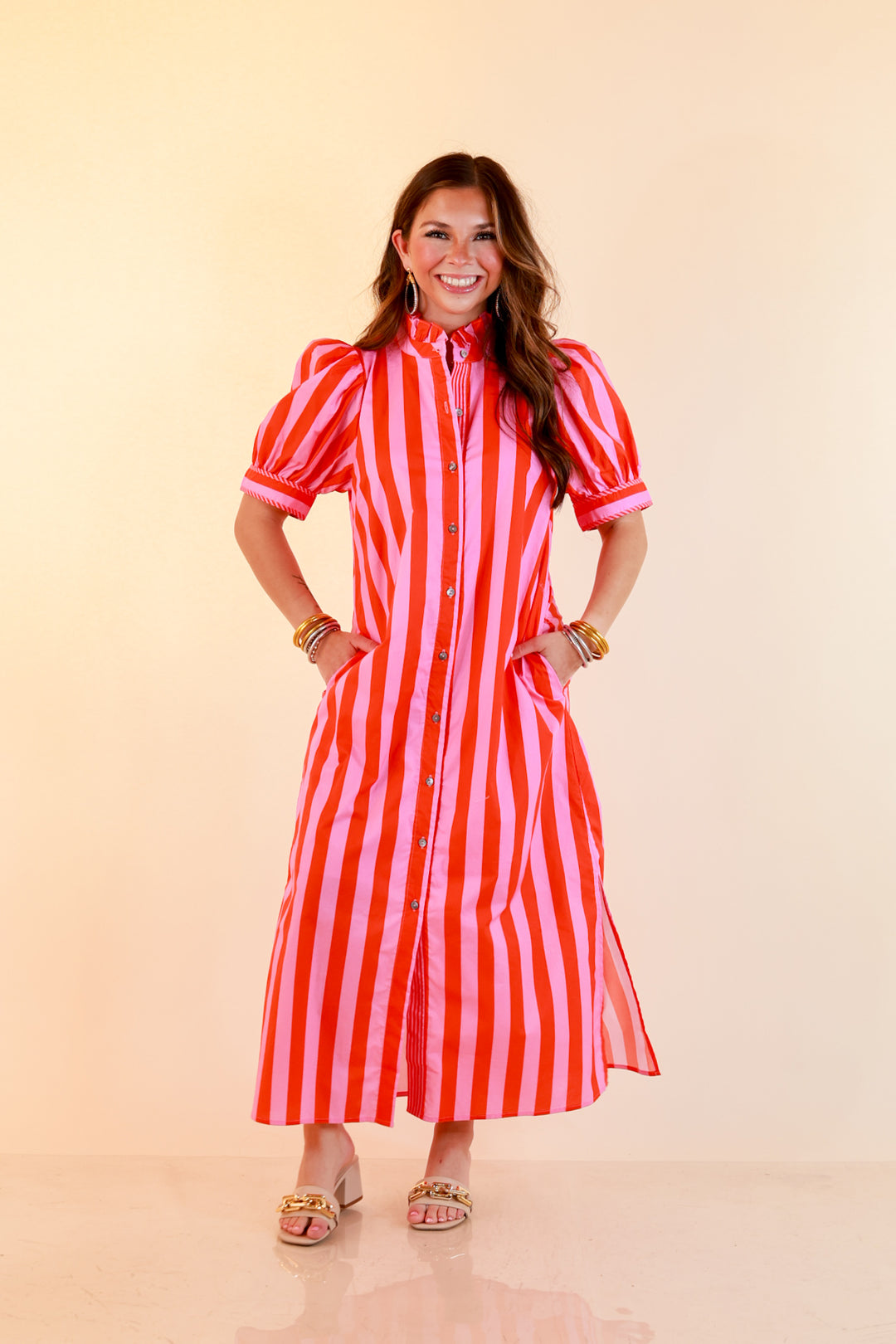 Strut and Shine Stripe Midi Dress with Button Front Detail and Puff Sleeves in Pink and Red