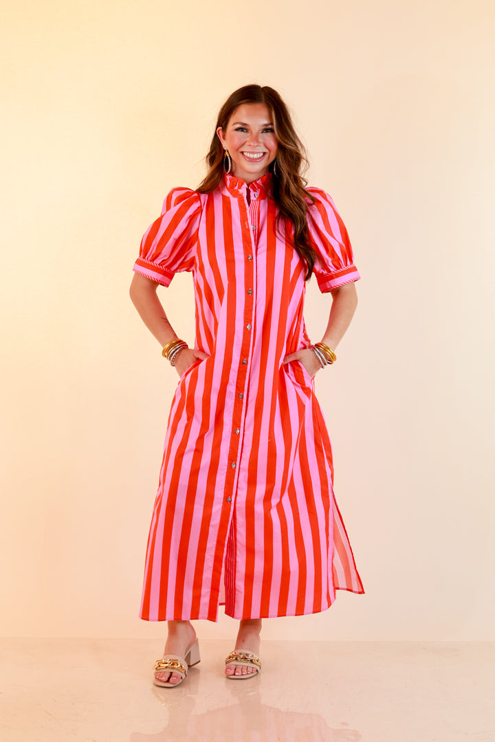 Strut and Shine Stripe Midi Dress with Button Front Detail and Puff Sleeves in Pink and Red