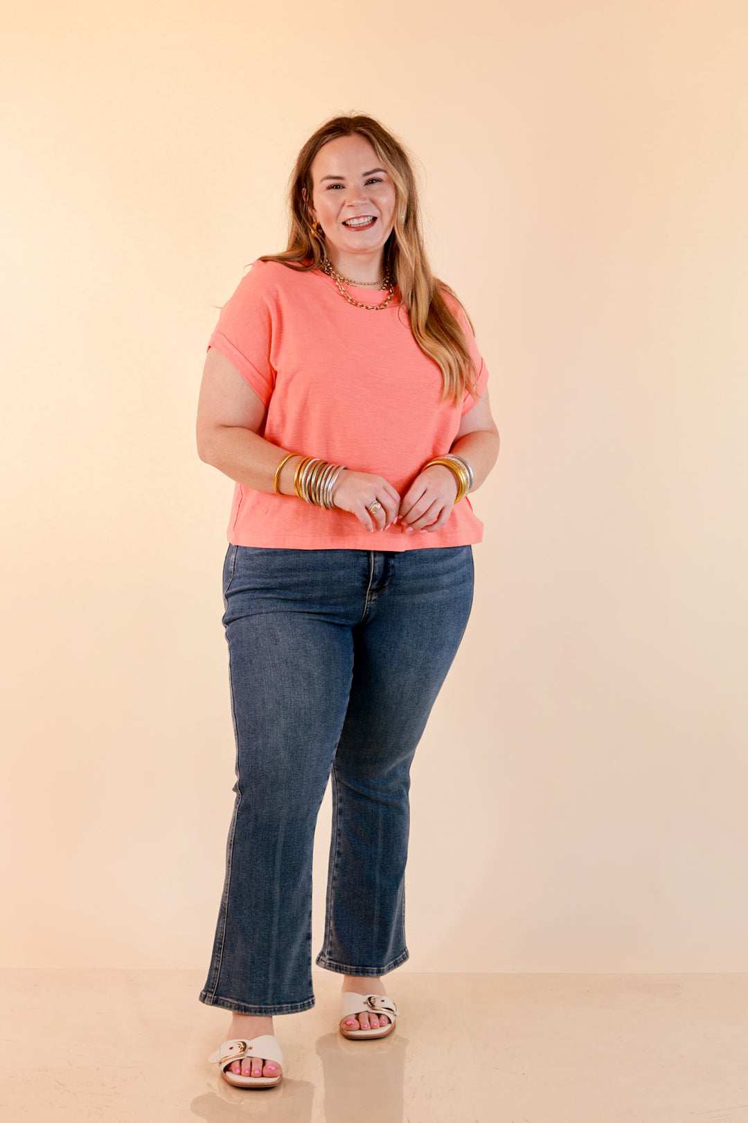 Laidback Luxe Rolled Drop Sleeve Relaxed Fit Basic Short Sleeve Top in Coral Orange