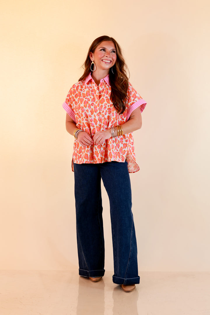 Talk the Talk Leopard Print Button Front Top with Stripe Contrast Collar in Pink and Orange