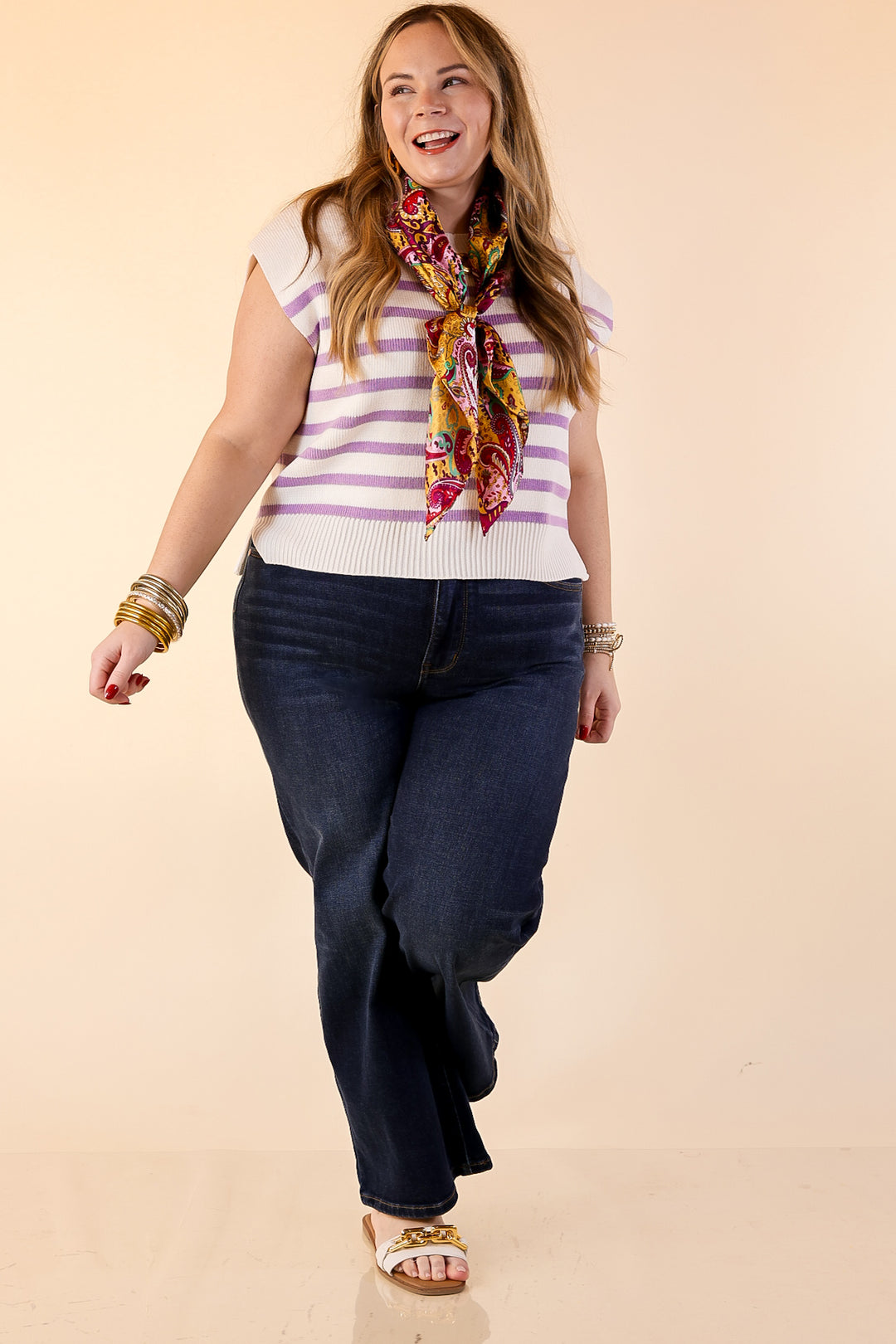 Stripe Things Up Drop Shoulder Knit Sweater in White with Lavender Purple Stripes