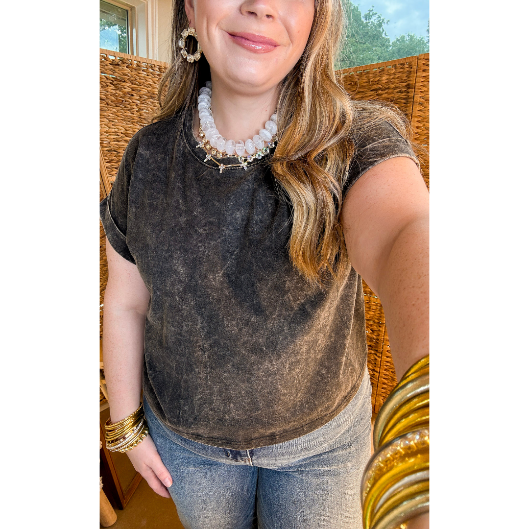 Easy Chic Mineral Washed Short Sleeve Cropped Tee in Ash Black