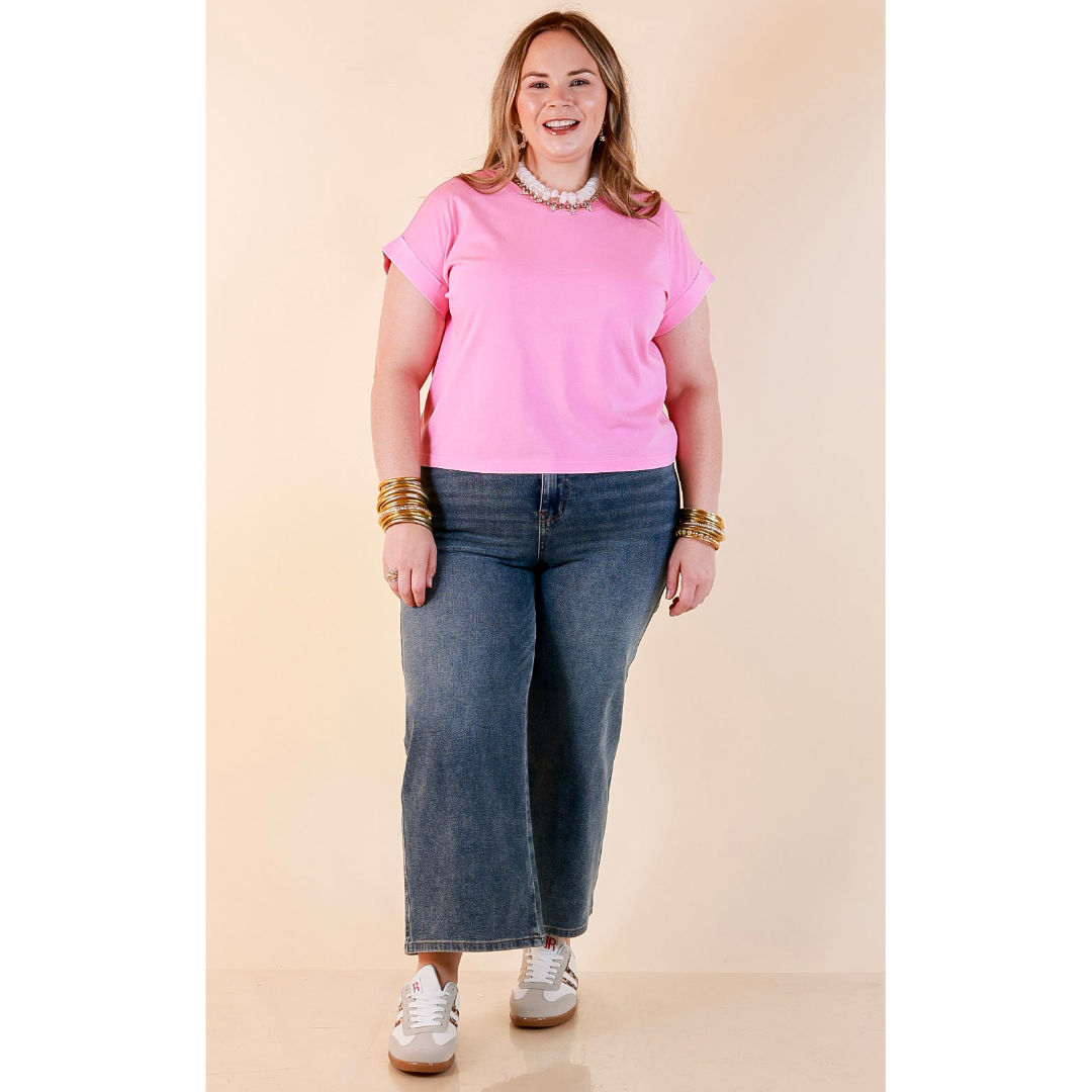 Easy Chic Mineral Washed Short Sleeve Cropped Tee in Candy Pink