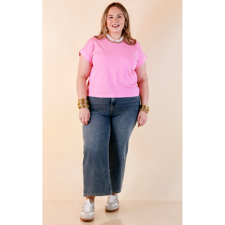 Easy Chic Mineral Washed Short Sleeve Cropped Tee in Candy Pink