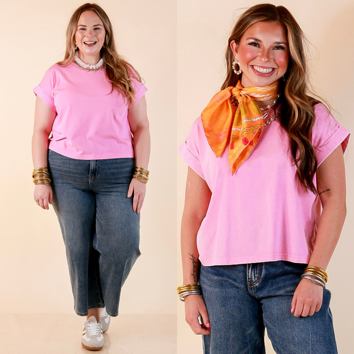 Easy Chic Mineral Washed Short Sleeve Cropped Tee in Candy Pink