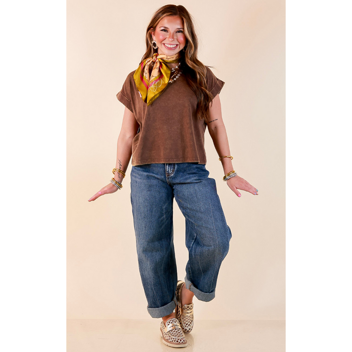 Easy Chic Mineral Washed Short Sleeve Cropped Tee in Chocolate Brown