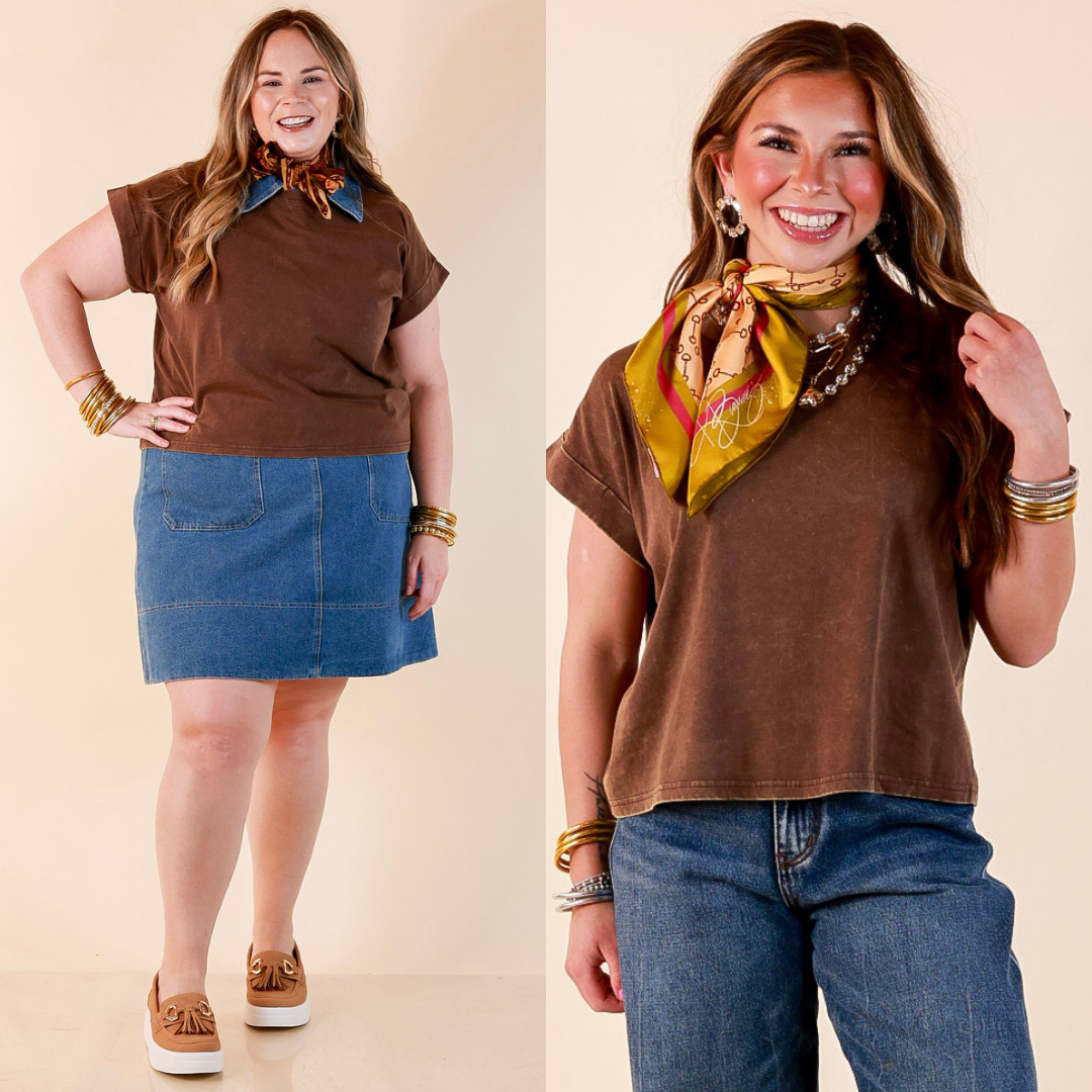 Easy Chic Mineral Washed Short Sleeve Cropped Tee in Chocolate Brown