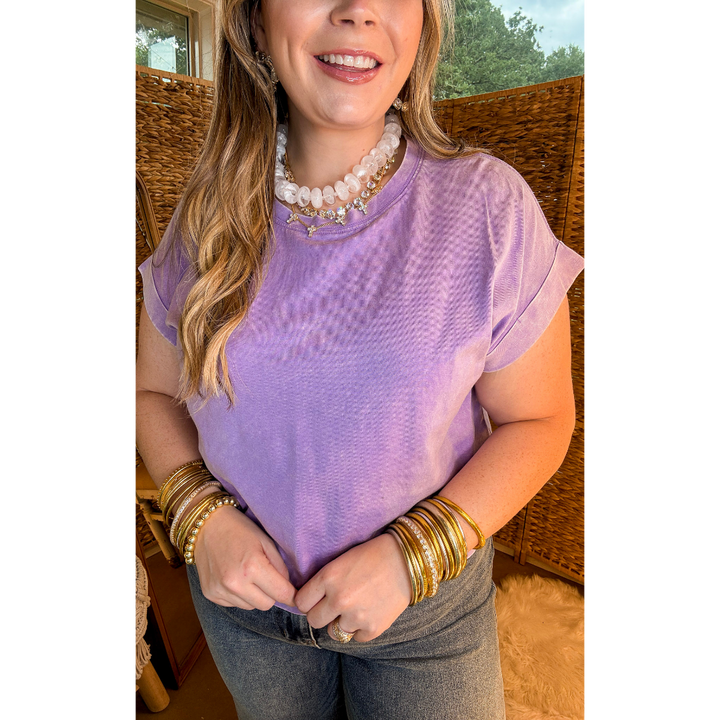 Easy Chic Mineral Washed Short Sleeve Cropped Tee in Lavender Purple