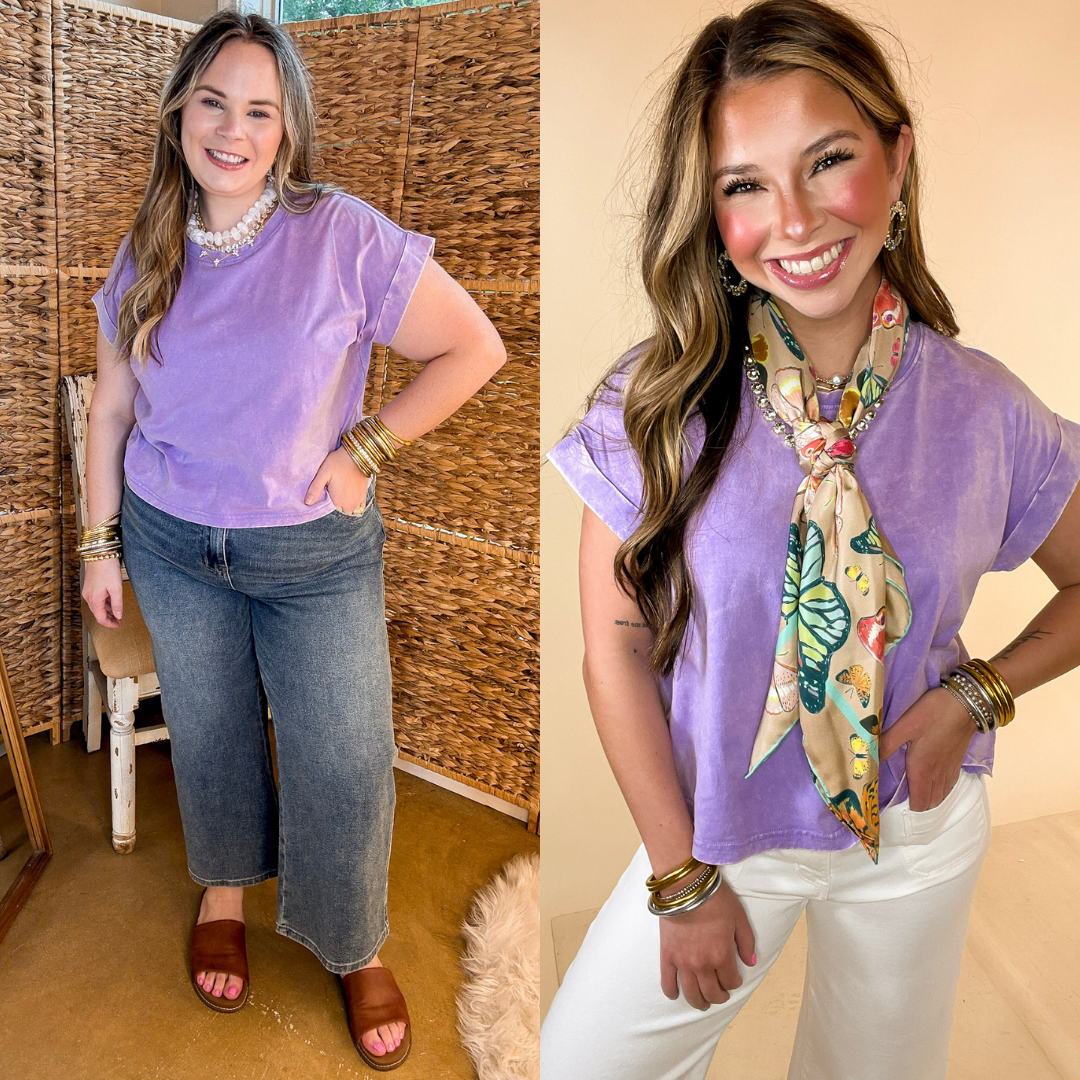 Easy Chic Mineral Washed Short Sleeve Cropped Tee in Lavender Purple