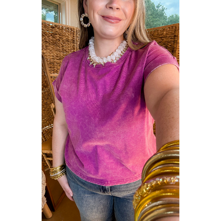 Easy Chic Mineral Washed Short Sleeve Cropped Tee in Plum Purple