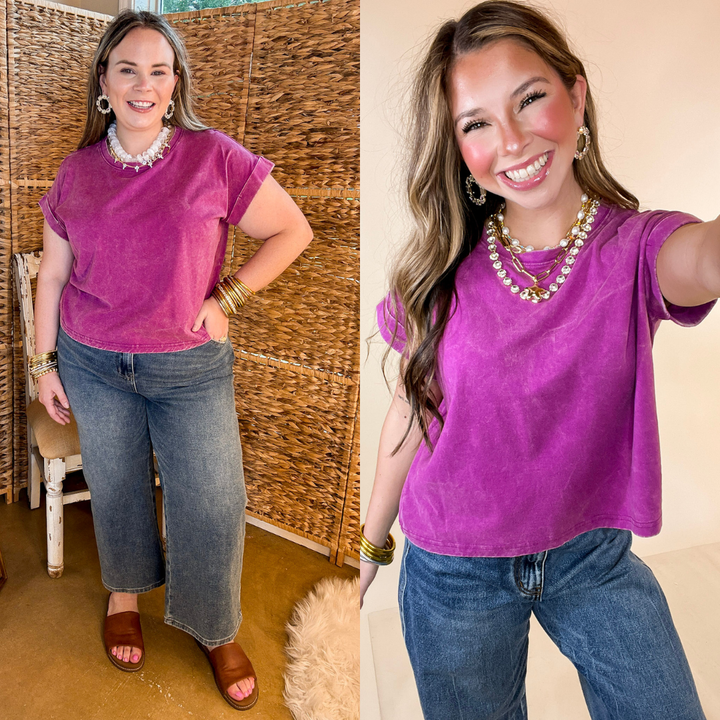 Easy Chic Mineral Washed Short Sleeve Cropped Tee in Plum Purple