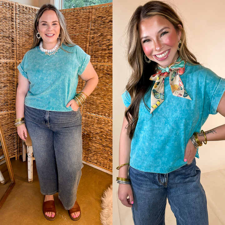Easy Chic Mineral Washed Short Sleeve Cropped Tee in Teal Blue