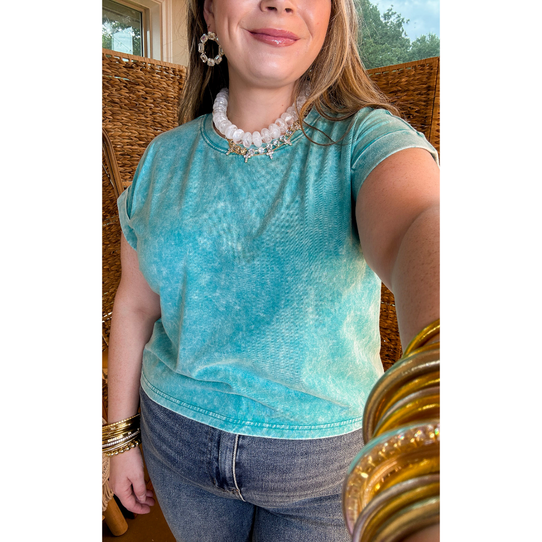 Easy Chic Mineral Washed Short Sleeve Cropped Tee in Teal Blue