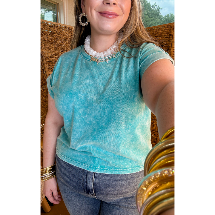 Easy Chic Mineral Washed Short Sleeve Cropped Tee in Teal Blue