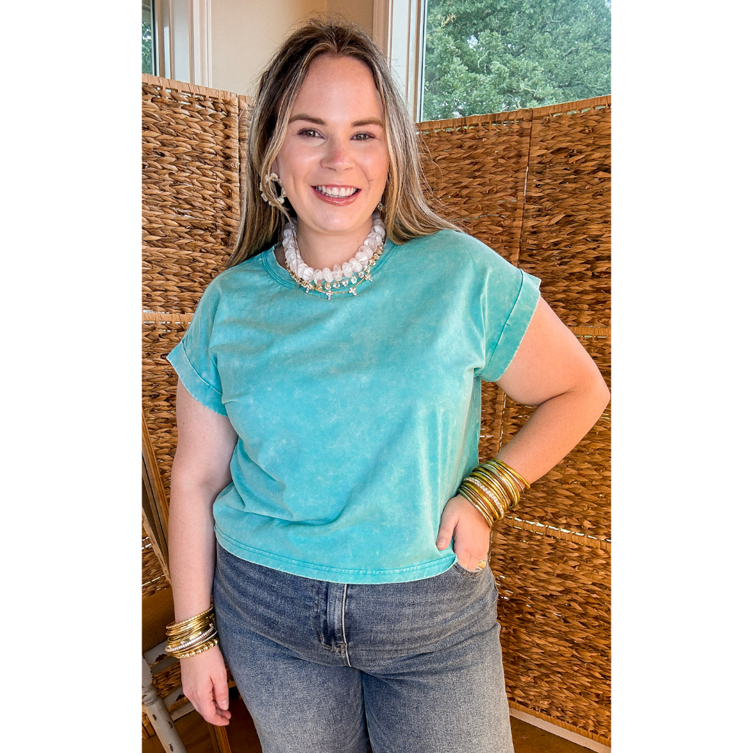 Easy Chic Mineral Washed Short Sleeve Cropped Tee in Turquoise Blue