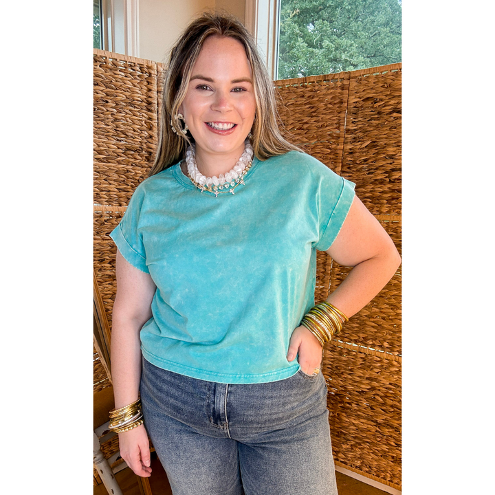 Easy Chic Mineral Washed Short Sleeve Cropped Tee in Turquoise Blue