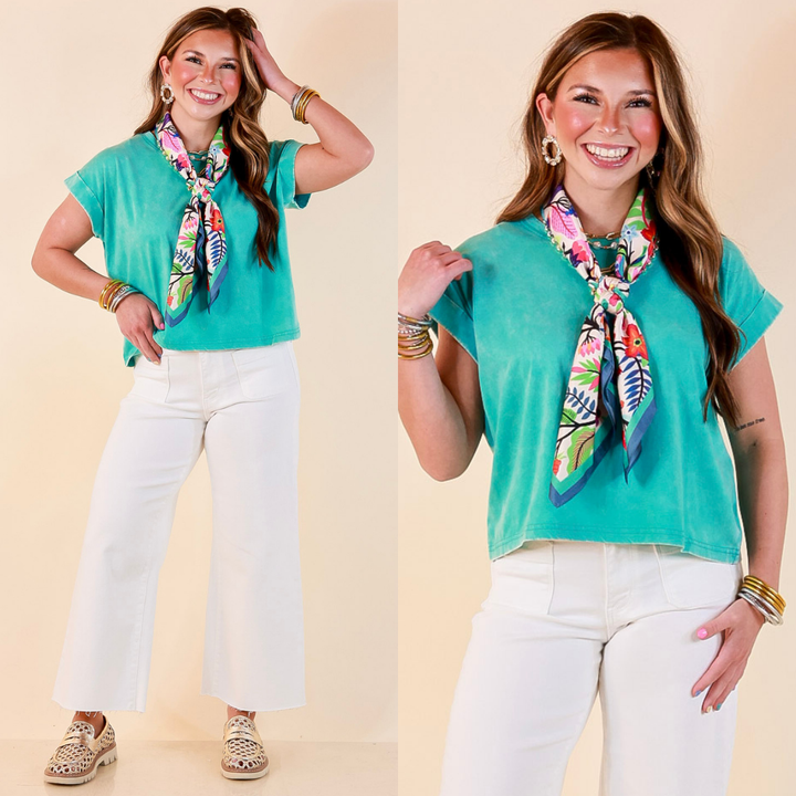 Easy Chic Mineral Washed Short Sleeve Cropped Tee in Turquoise Blue