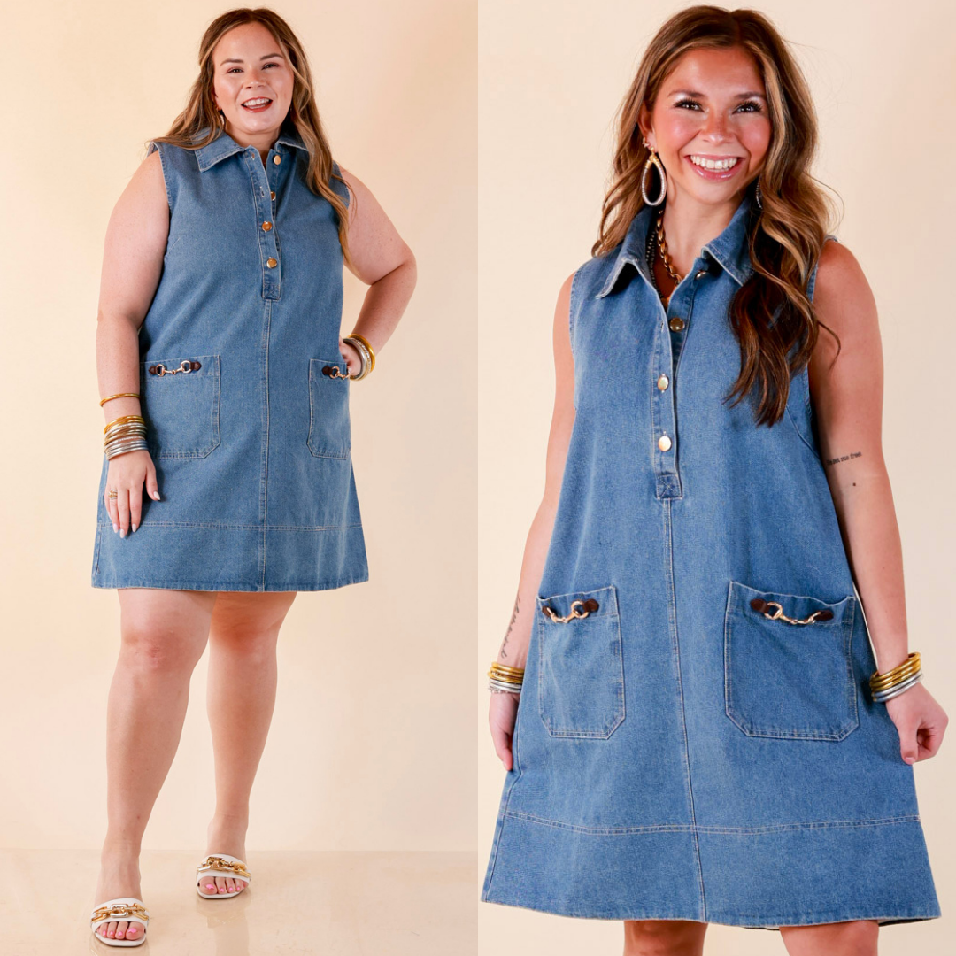 Easy on Repeat Collared Sleeveless Denim Dress with Horse Bit Detailing in Medium Wash
