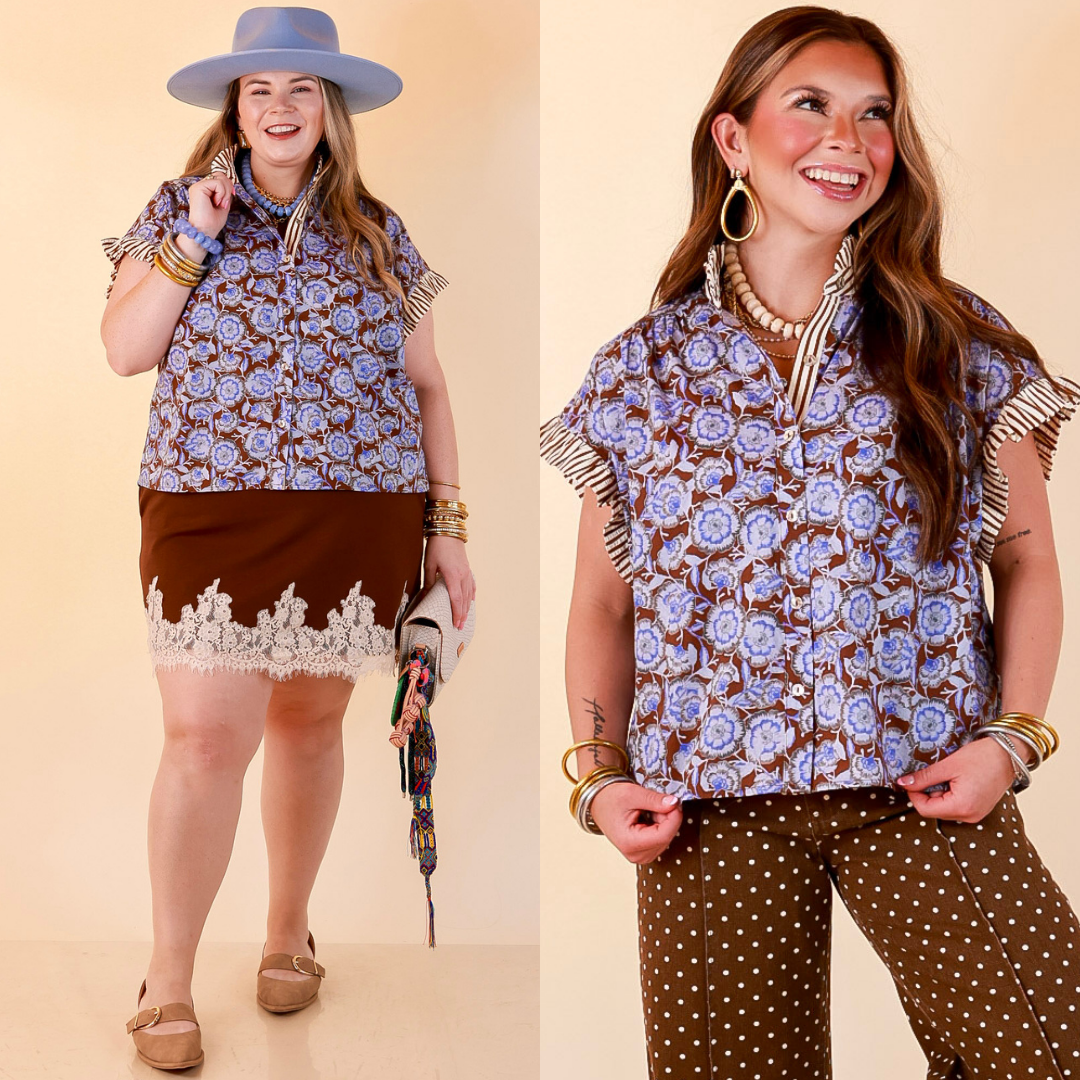 Effortless Grace Floral Print Flutter Stripe Sleeve and Ruffle Collar Detailing Blouse in Brown and Periwinkle Blue