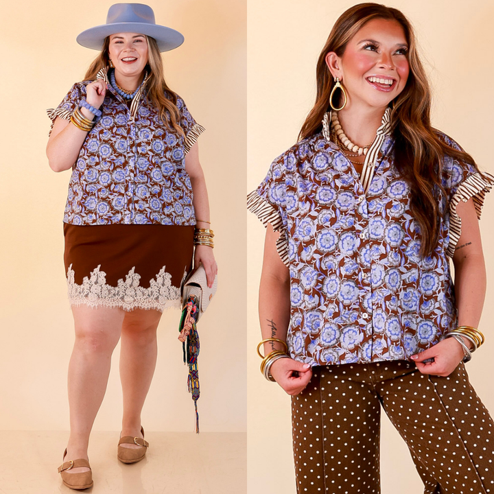 Effortless Grace Floral Print Flutter Stripe Sleeve and Ruffle Collar Detailing Blouse in Brown and Periwinkle Blue
