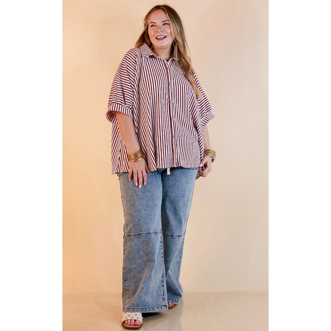 Effortlessly Aligned Button Down Collared Top with Vertical Ivory Stripe Detail in Maroon