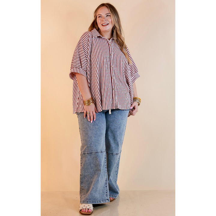 Effortlessly Aligned Button Down Collared Top with Vertical Ivory Stripe Detail in Maroon