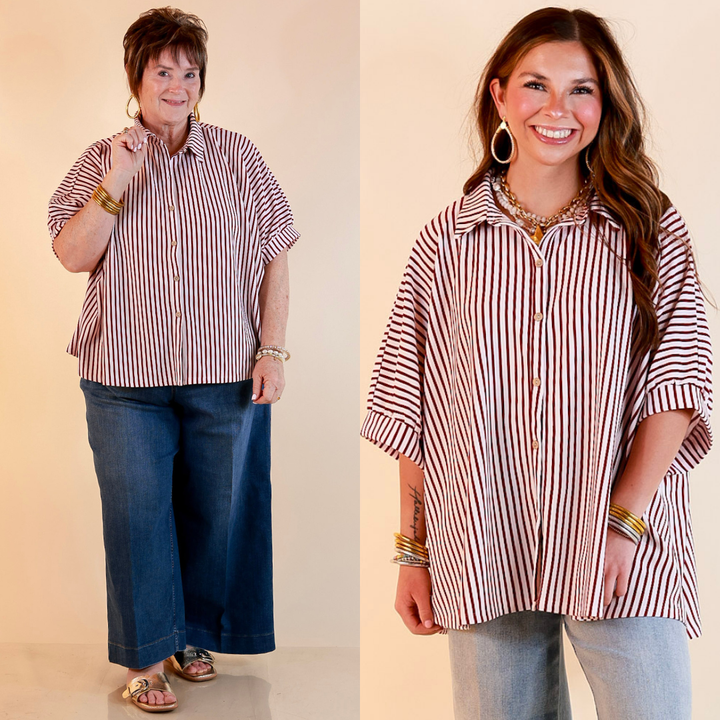 Effortlessly Aligned Button Down Collared Top with Vertical Ivory Stripe Detail in Maroon