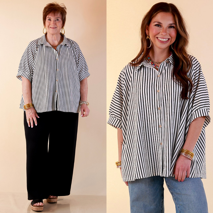 Models are wearing Button Down Collared Top with Vertical Ivory and Black Striped Detail with jeans against a beige backdrop.