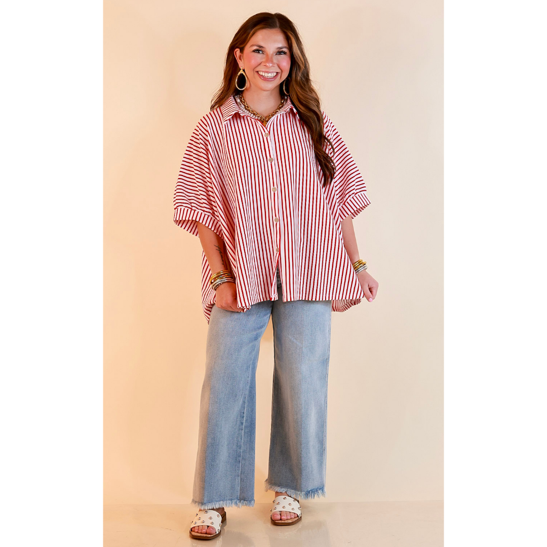 Effortlessly Aligned Button Down Collared Top with Vertical Ivory Stripe Detail in Red