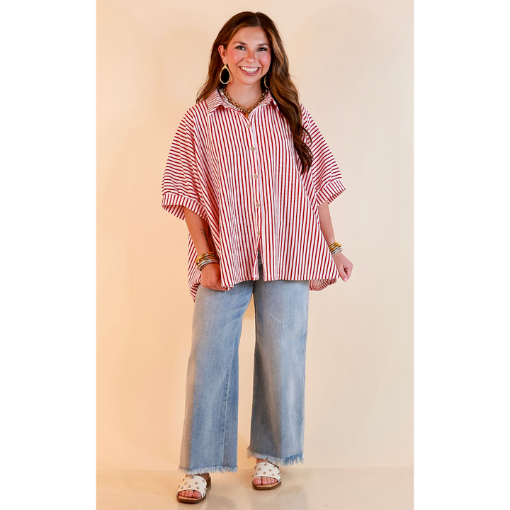 Effortlessly Aligned Button Down Collared Top with Vertical Ivory Stripe Detail in Red