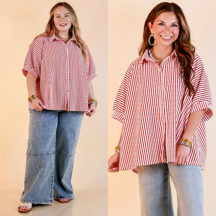 Effortlessly Aligned Button Down Collared Top with Vertical Ivory Stripe Detail in Red