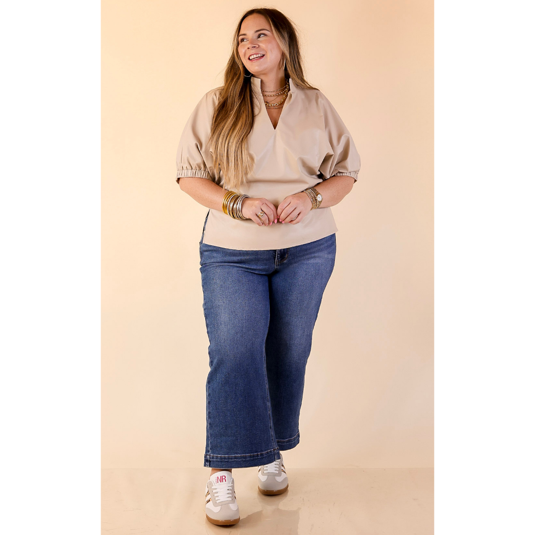 Effortlessly Cool Faux Leather Top with Short Balloon Sleeves in Ivory
